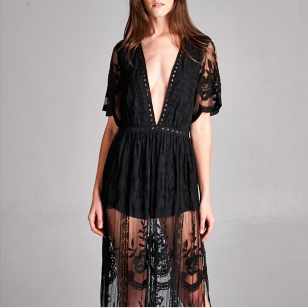 Black Lace V-Neck Jump Suit
